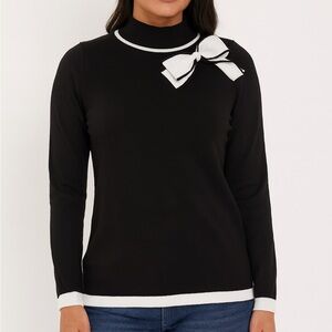 Love Ever After Women’s Black Sweater with White Bow Accent Half Turtle Neck M